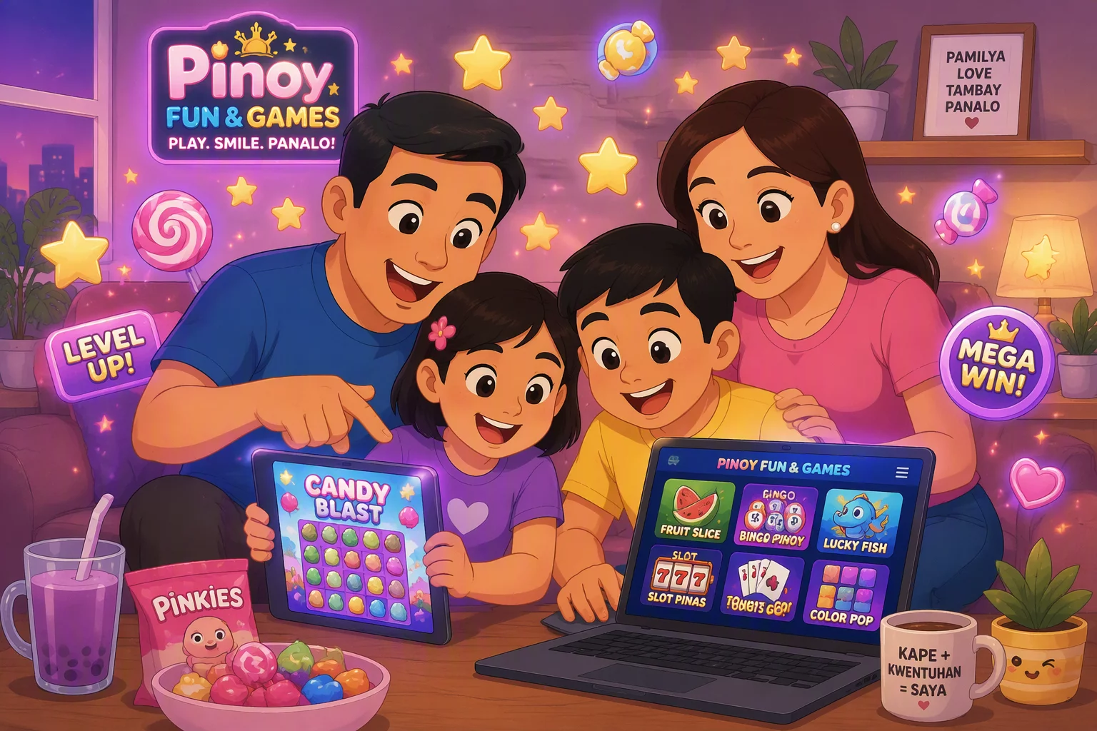 Masayang pamilya na naglalaro ng browser games